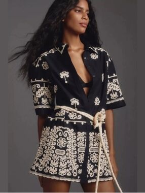 Maeve Anthropologie Embroidered Shirt Dress PS Black Cream Boho Mini Chic Resort